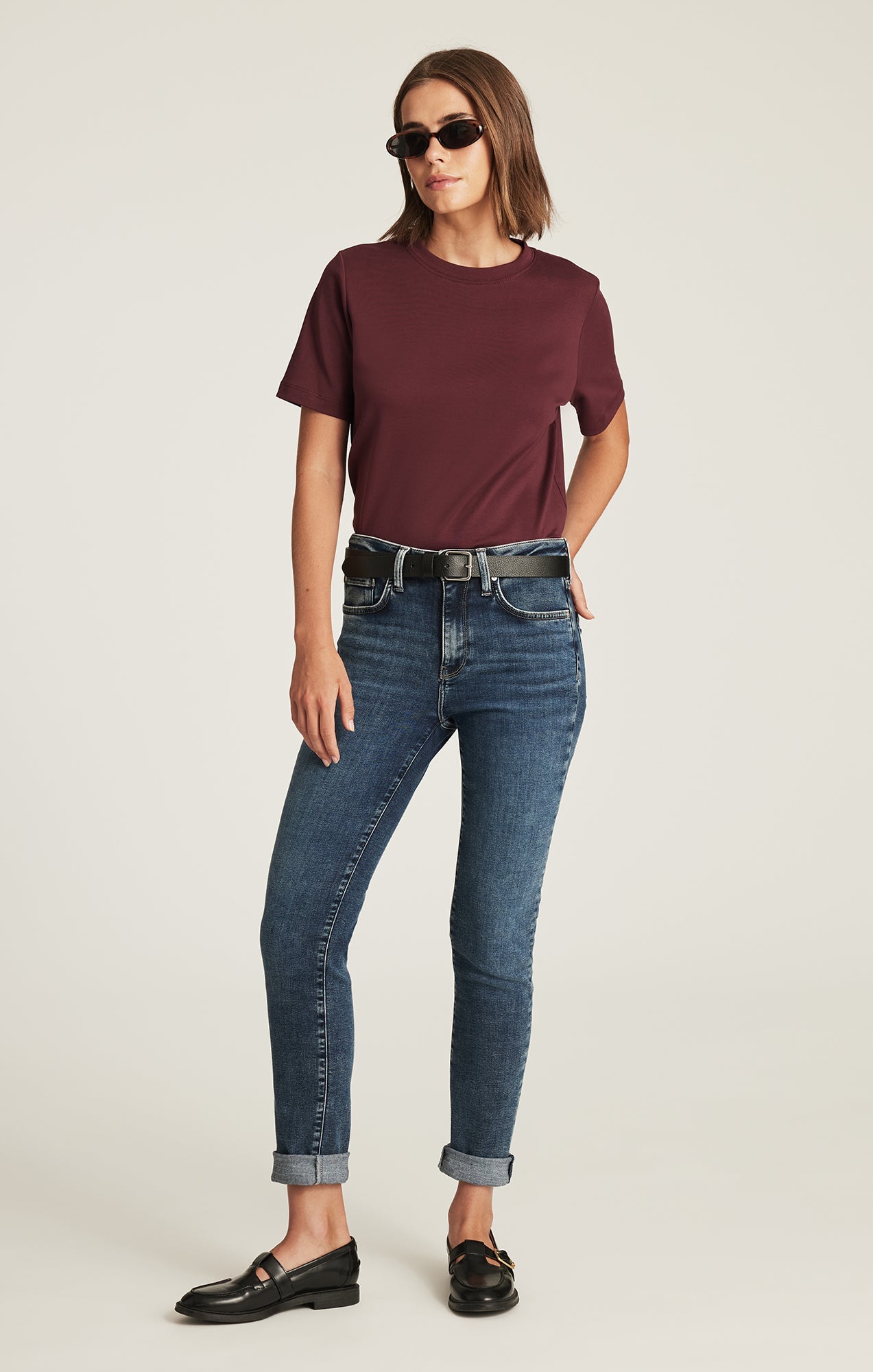 AUDREY INTERLOCK CREW NECK T-SHIRT IN WINDSOR WINE